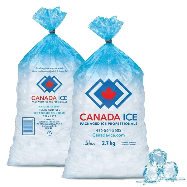 Two bags of ice with a blue bag on top.