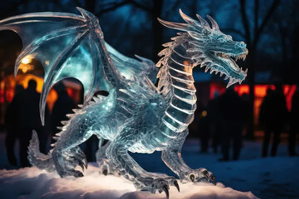 A dragon ice sculpture is lit up at night.