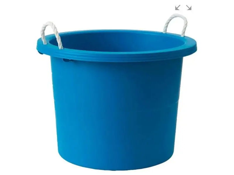 A blue bucket with two handles on top.