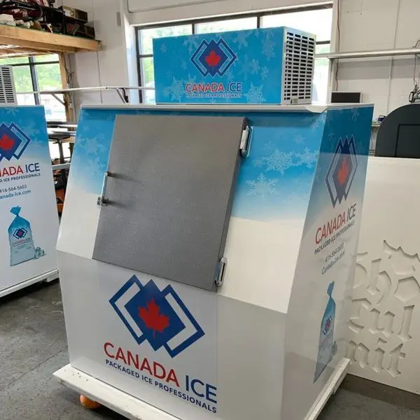 A display of an ice machine in a warehouse.