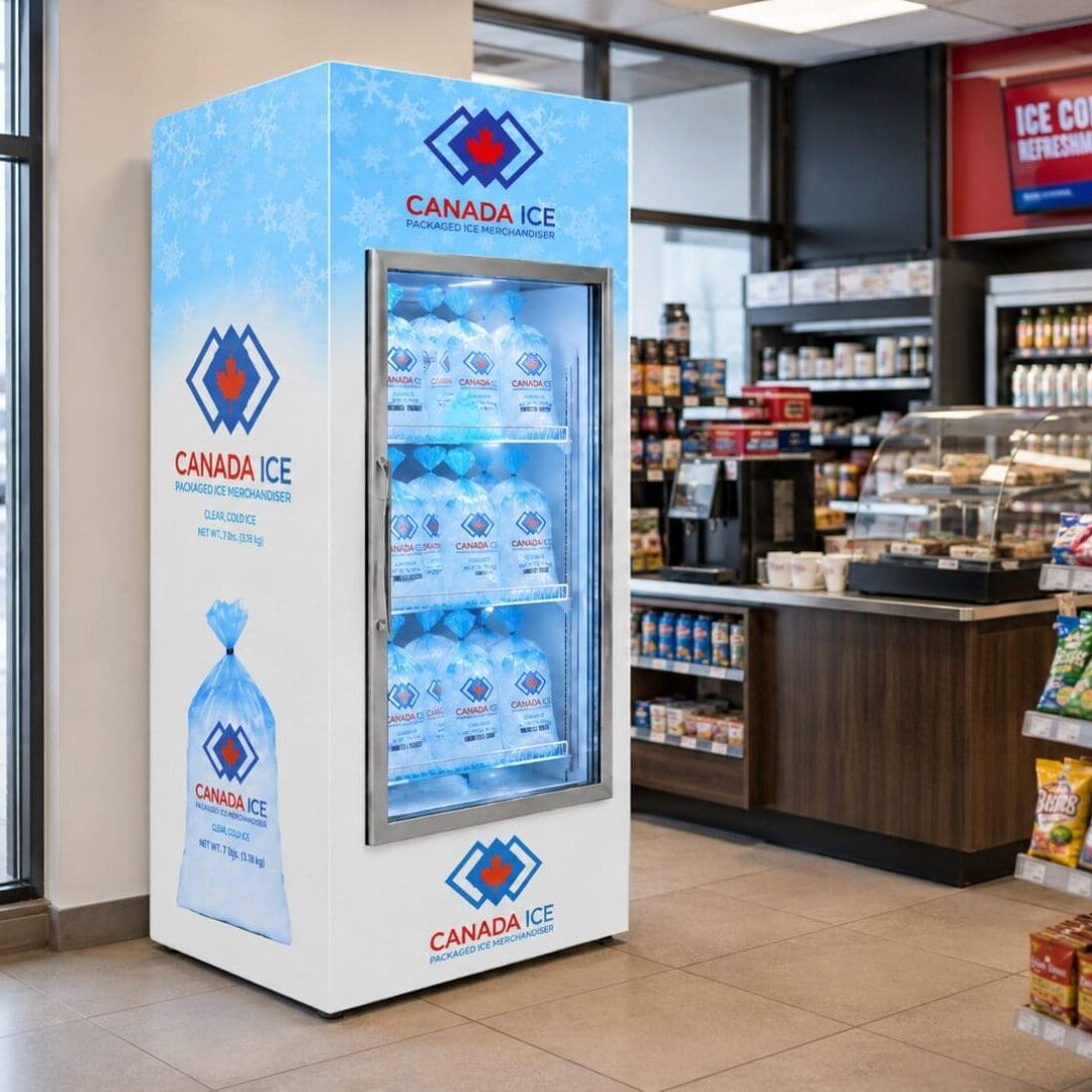 Canada Ice merchandiser in a convenience store for packaged ice supply