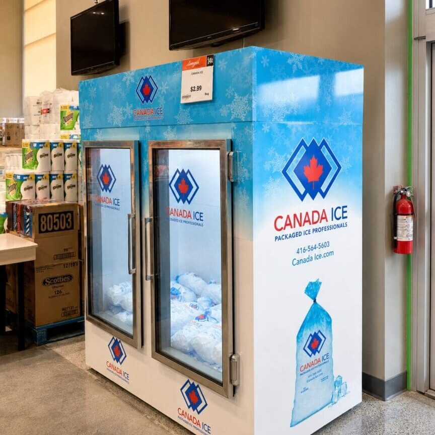 Canada Ice packaged ice freezer for grocery store retail ice supply